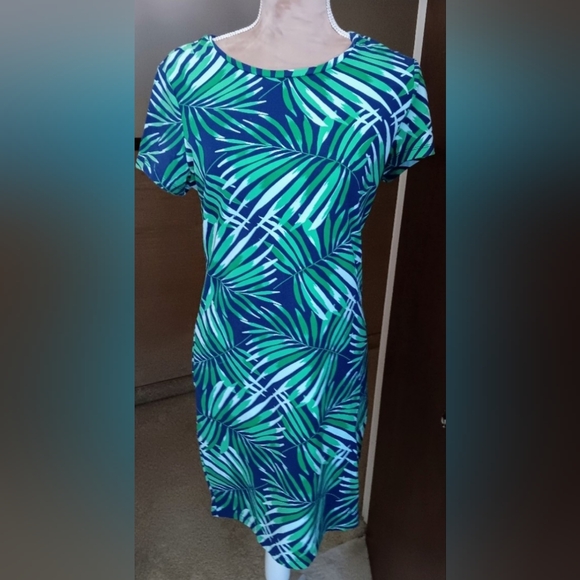Old Navy~Floral Palm Leaves Green Tropical Bodycon Mini Tee Dress - Picture 11 of 12